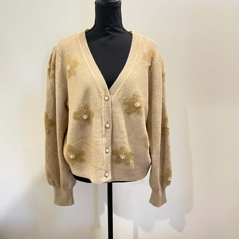 Nanette Lepore Beige Embellished Floral Fuzzy Button Up Cardigan Sweater XL